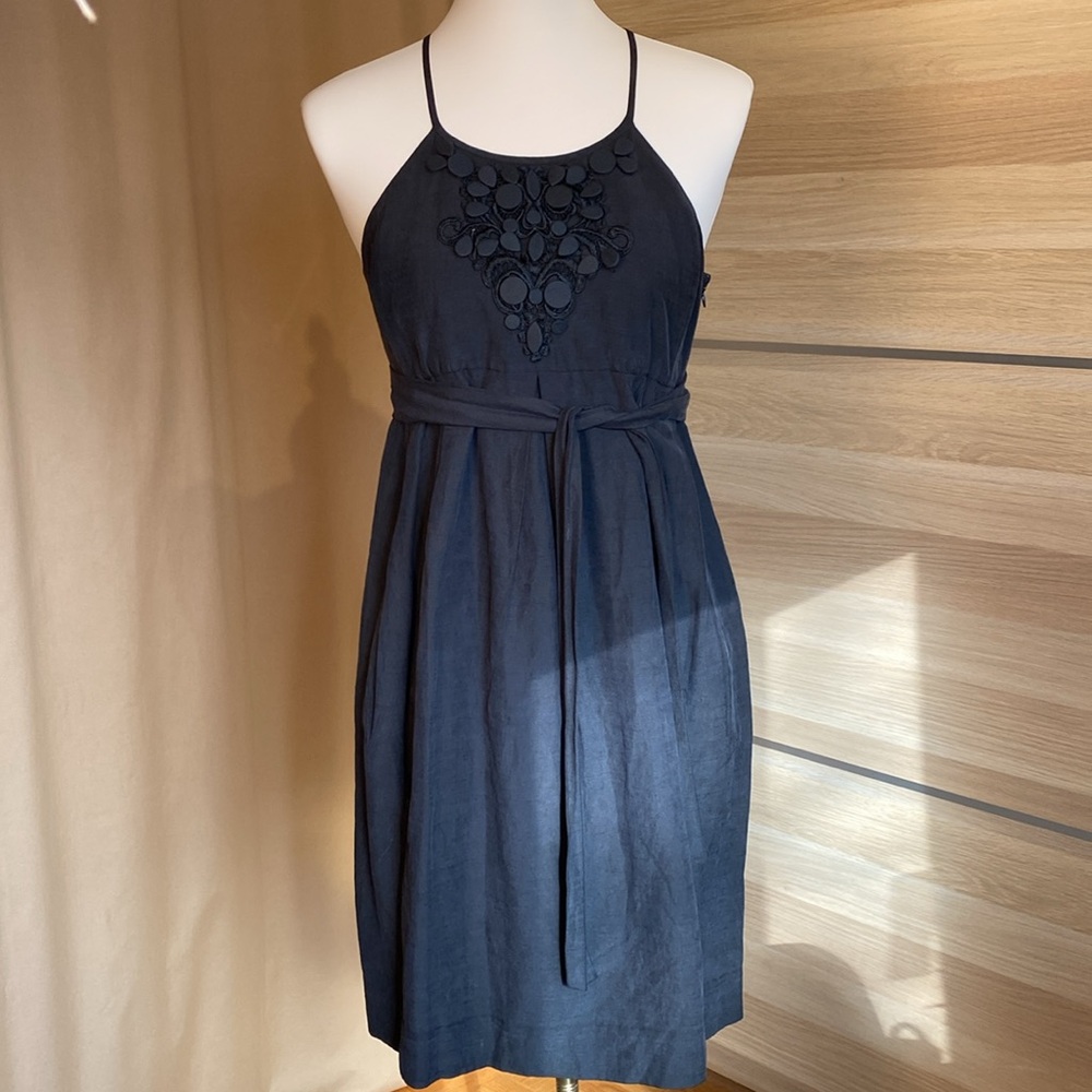 Black Silk Linen Halter Dress | Embellished Neckline | Tie Waist | Size S